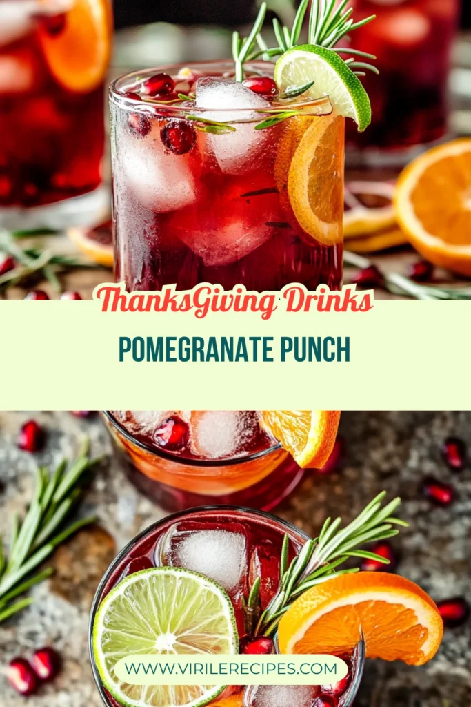 Thanksgiving pomegranate punch with citrus, rosemary, and pomegranate served in glasses.