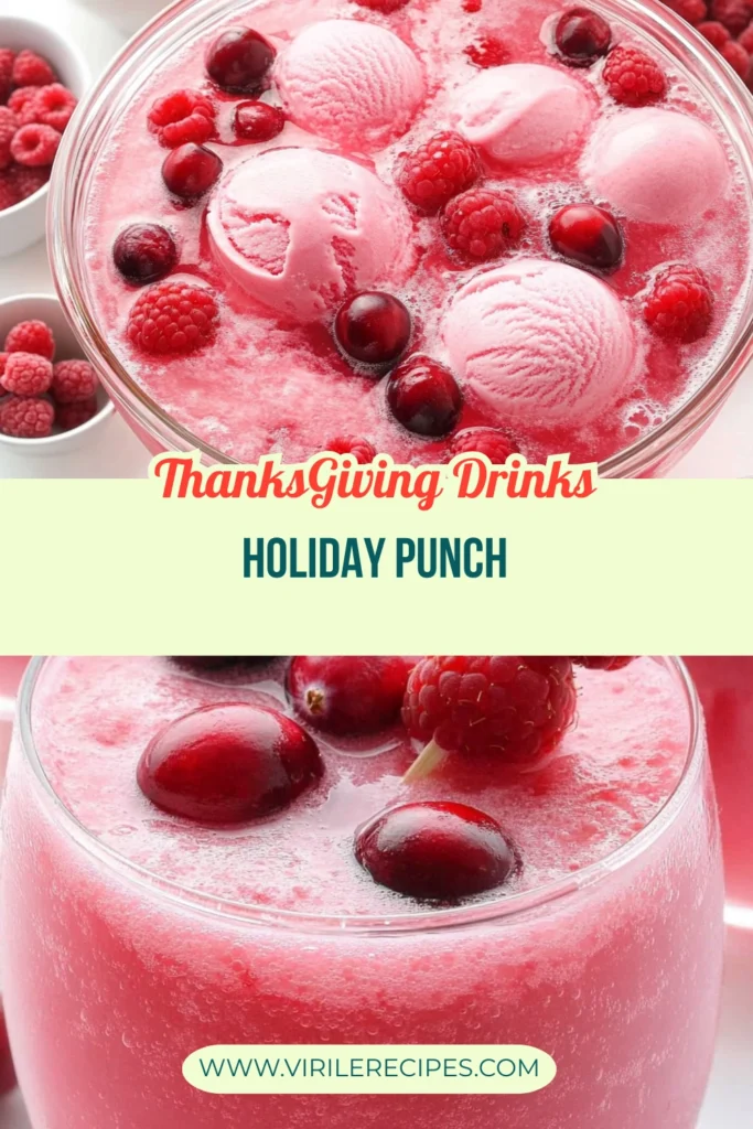 Thanksgiving holiday punch collage with pink sherbet punch in a bowl and glass, topped with cranberries and raspberries