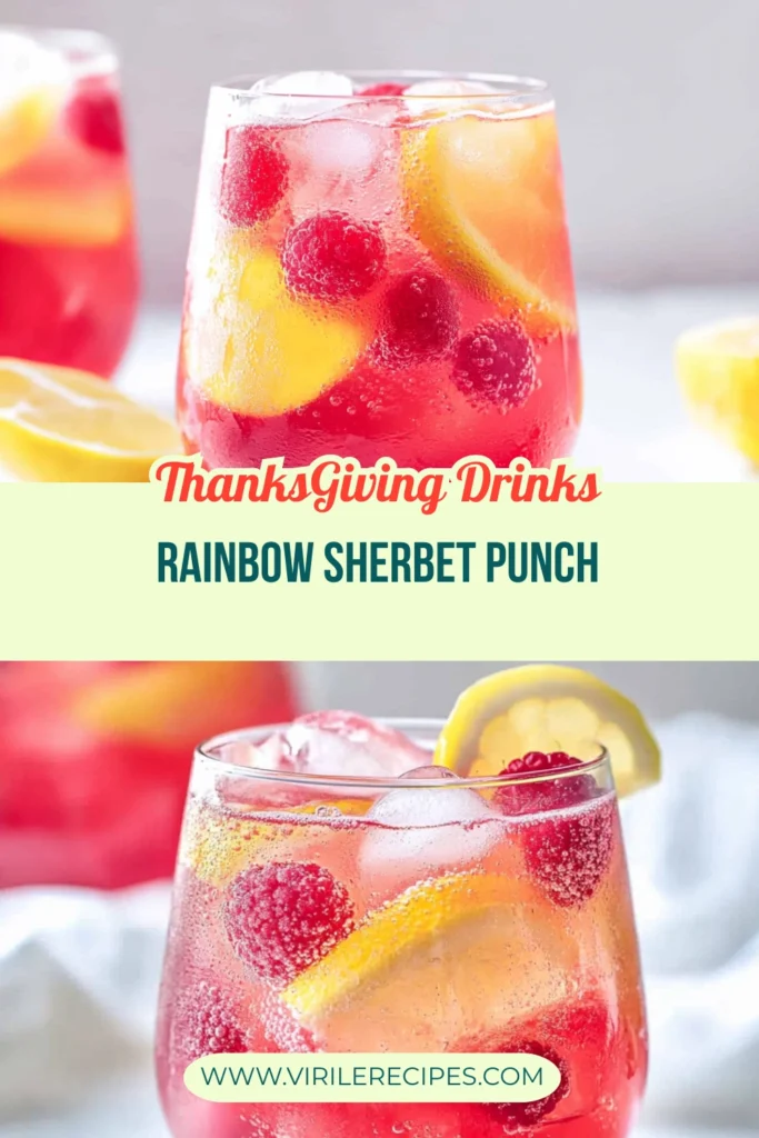 Rainbow sherbet punch with lemon slices and raspberries served chilled in a clear glass