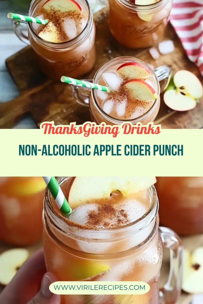 Thanksgiving non-alcoholic apple cider punch in mason jars with apple slices, cinnamon, and striped straws.