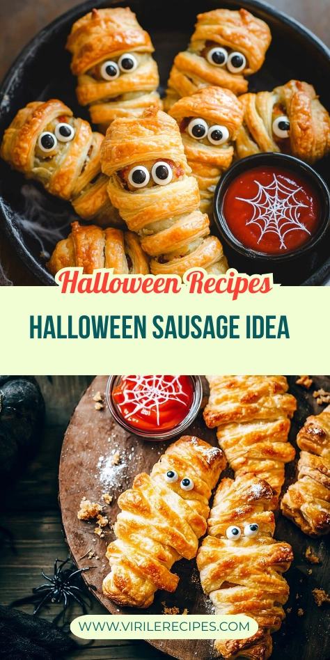 Halloween sausage mummy pastries with candy eyes and spiderweb ketchup, served in a split image with rustic and spooky Halloween decor.