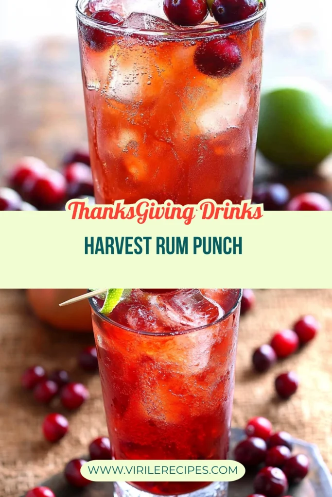 Harvest rum punch cocktail with fresh cranberries and lime garnish in a tall iced glass.