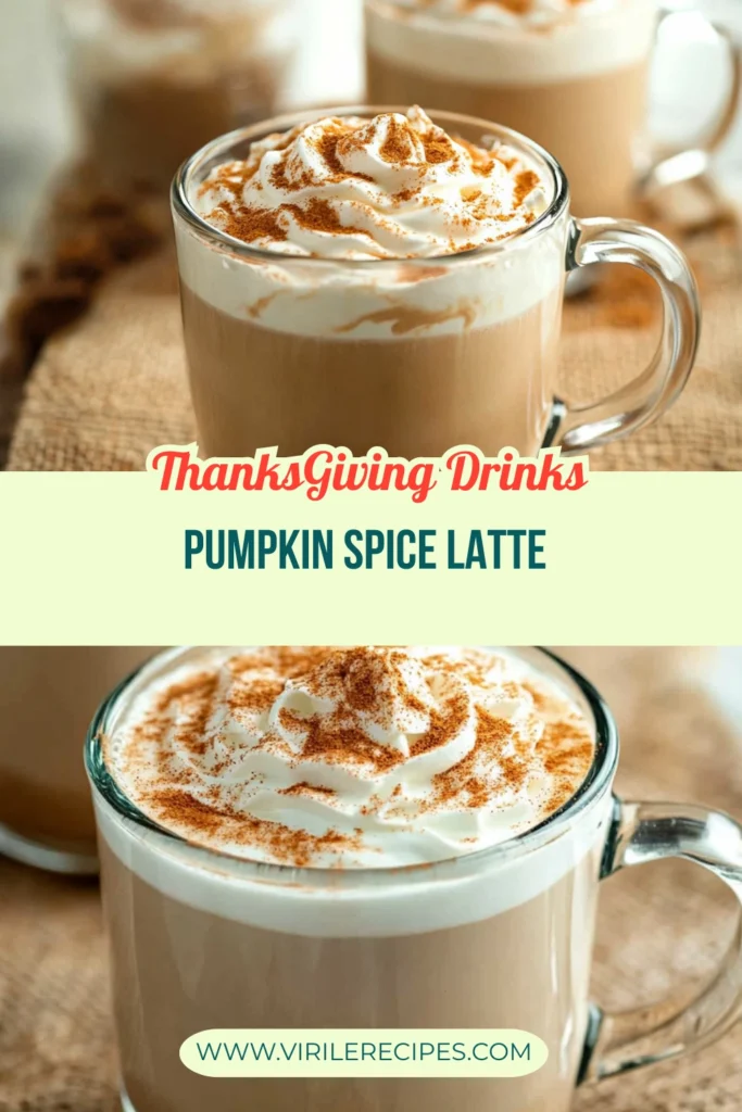 Pumpkin spice latte in glass mugs topped with whipped cream and cinnamon for Thanksgiving.