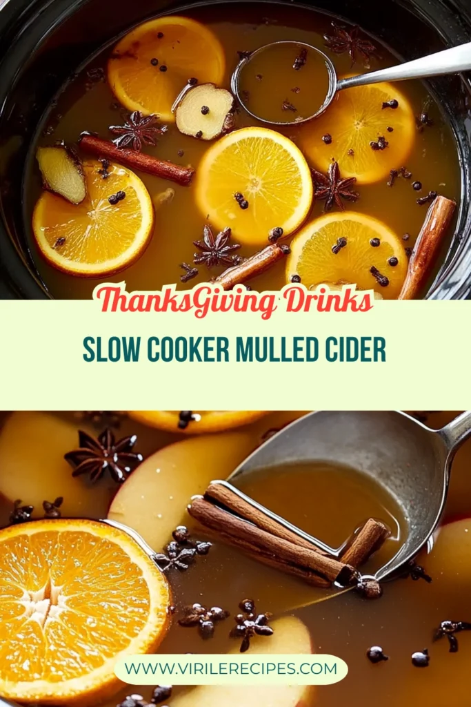 Pinterest-style slow cooker mulled cider recipe pin with oranges, cinnamon, ginger, and star anise