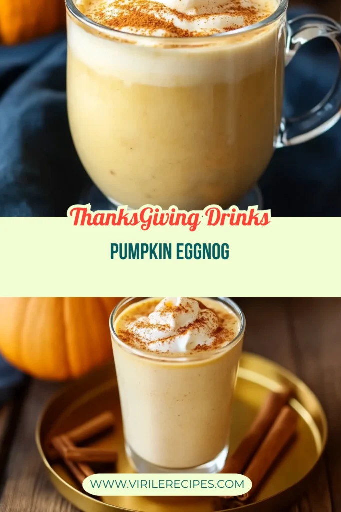 Pumpkin eggnog in a glass topped with whipped cream and cinnamon, styled with pumpkins and spices.