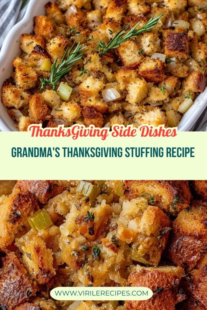 Close-up of golden-brown homemade Thanksgiving stuffing with crispy bread cubes, herbs, onions, and celery, garnished with fresh rosemary.