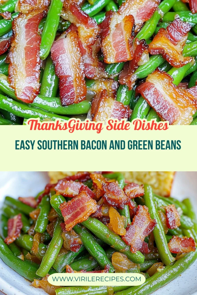 Southern green beans with crispy bacon and caramelized onions, served with cornbread, a perfect Thanksgiving side dish.