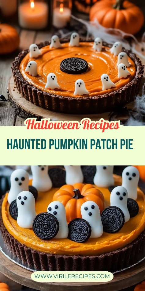 A Halloween pumpkin patch pie with orange pumpkin filling, Oreo crust, and ghost and pumpkin decorations, set against a fall-themed rustic background.