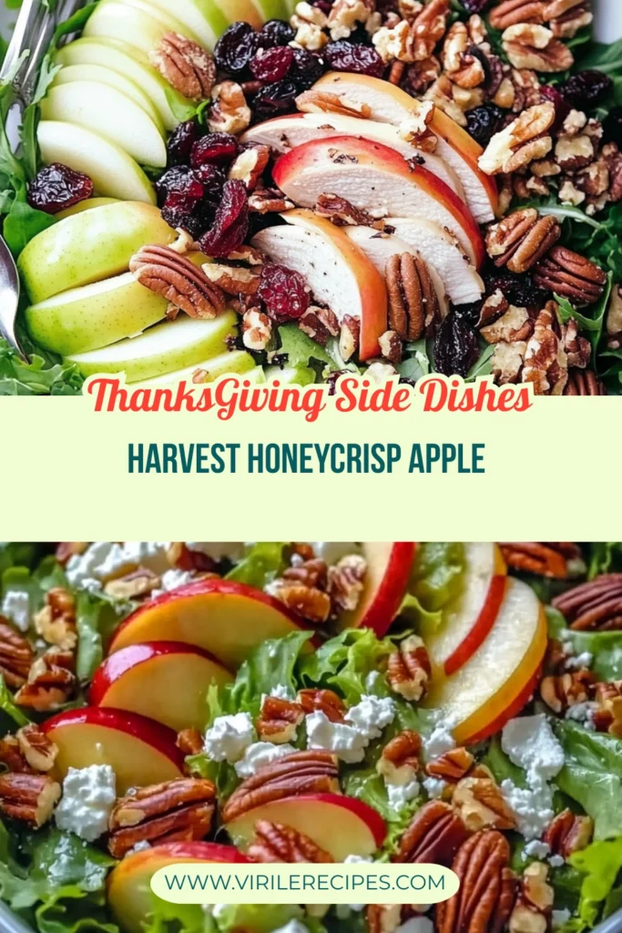 A Thanksgiving side salad with Honeycrisp apples, grilled chicken, pecans, dried cranberries, and fresh greens, creating a festive and healthy dish.