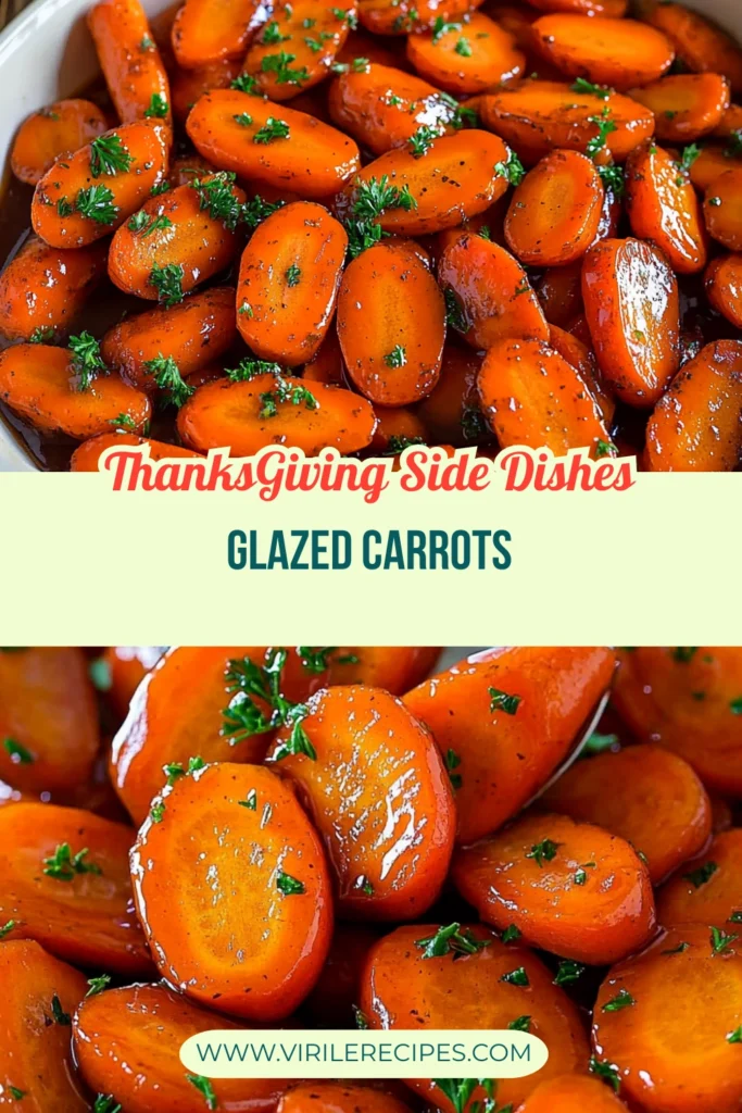 Close-up of glazed carrots in a white dish, garnished with fresh parsley and glossy texture, with festive text overlay "Thanksgiving Side Dishes" and "Glazed Carrots."