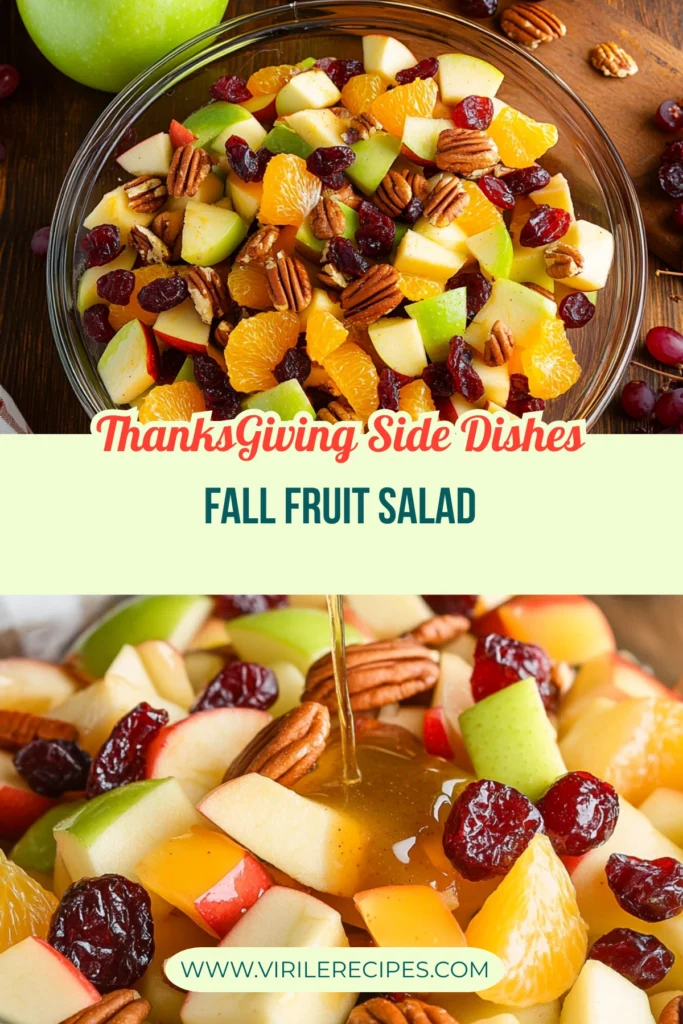 Golden dressing being poured over a vibrant fall fruit salad with apples, cranberries, orange slices, and pecans in a glass bowl.