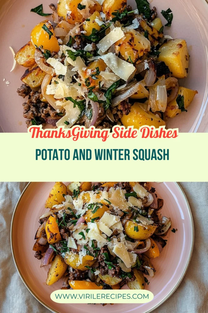 A Thanksgiving side dish with roasted potatoes, ground beef, yellow winter squash, and sautéed onions, topped with fresh herbs and Parmesan cheese, served on a pink plate.