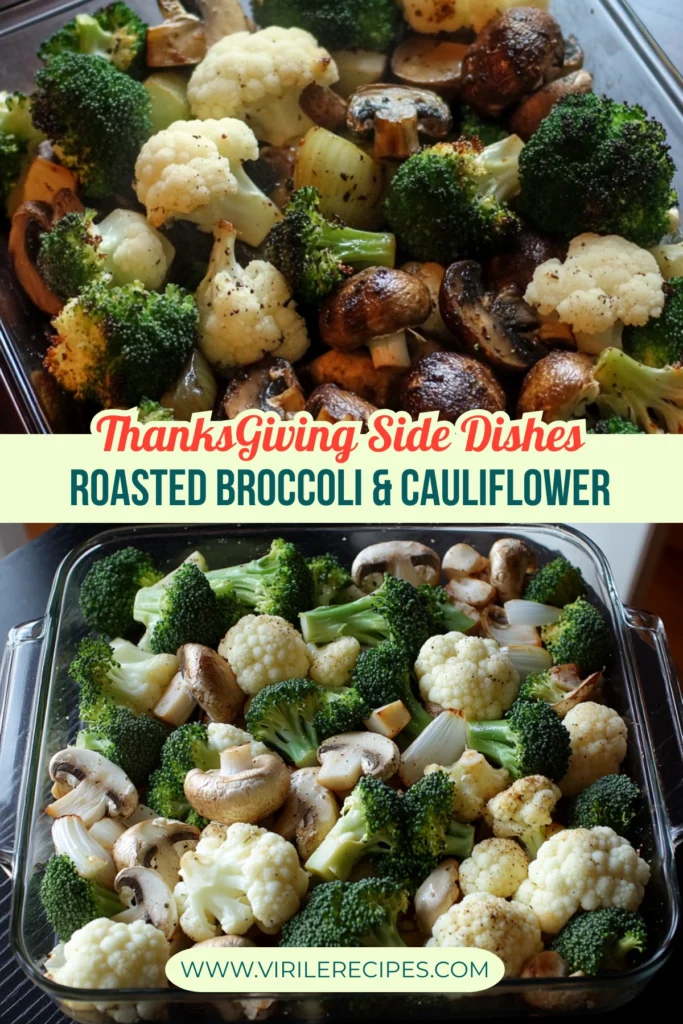 A close-up of roasted broccoli, cauliflower, and mushrooms in a glass dish, seasoned and ready for serving as a Thanksgiving side dish.