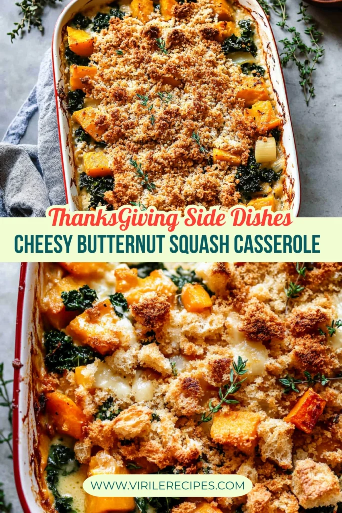 Close-up view of a cheesy butternut squash casserole with crispy breadcrumbs, roasted squash, kale, and fresh thyme, served in a red Staub dish.