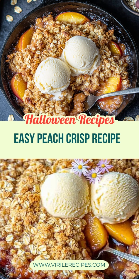 Close-up of a peach crisp with vanilla ice cream, garnished with flowers, in a cast iron skillet with Halloween-themed text overlay.