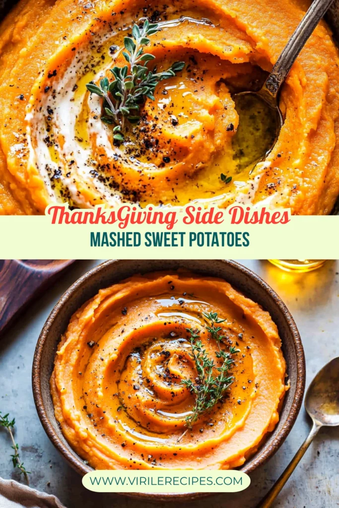 A close-up view of mashed sweet potatoes with fresh thyme, black pepper, and olive oil, styled for Thanksgiving, with a text overlay and website URL.
