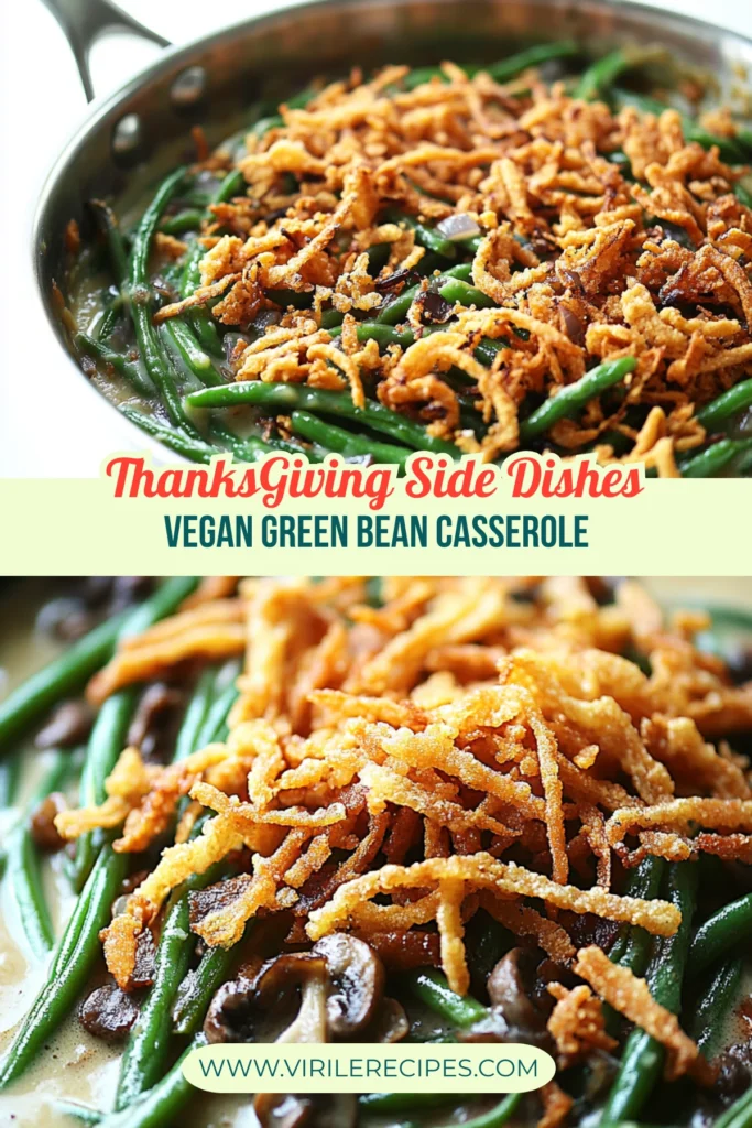 Vegan green bean casserole topped with crispy fried onions and creamy mushroom sauce