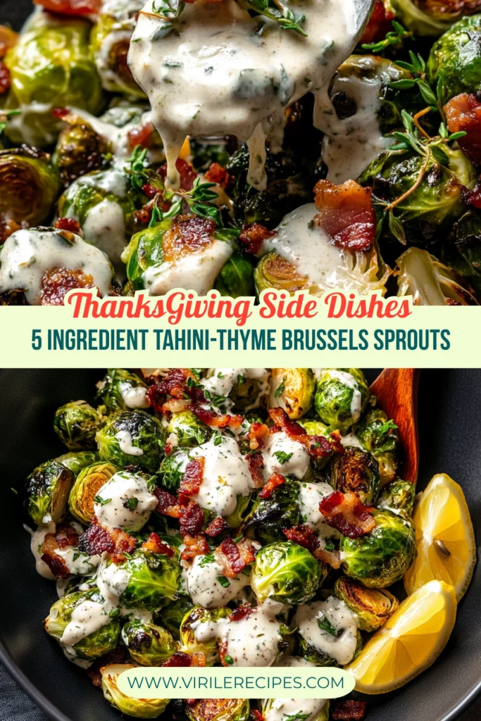 Close-up of Brussels sprouts with creamy tahini-thyme sauce, crispy bacon, and fresh thyme, served with lemon wedges in a black bowl.