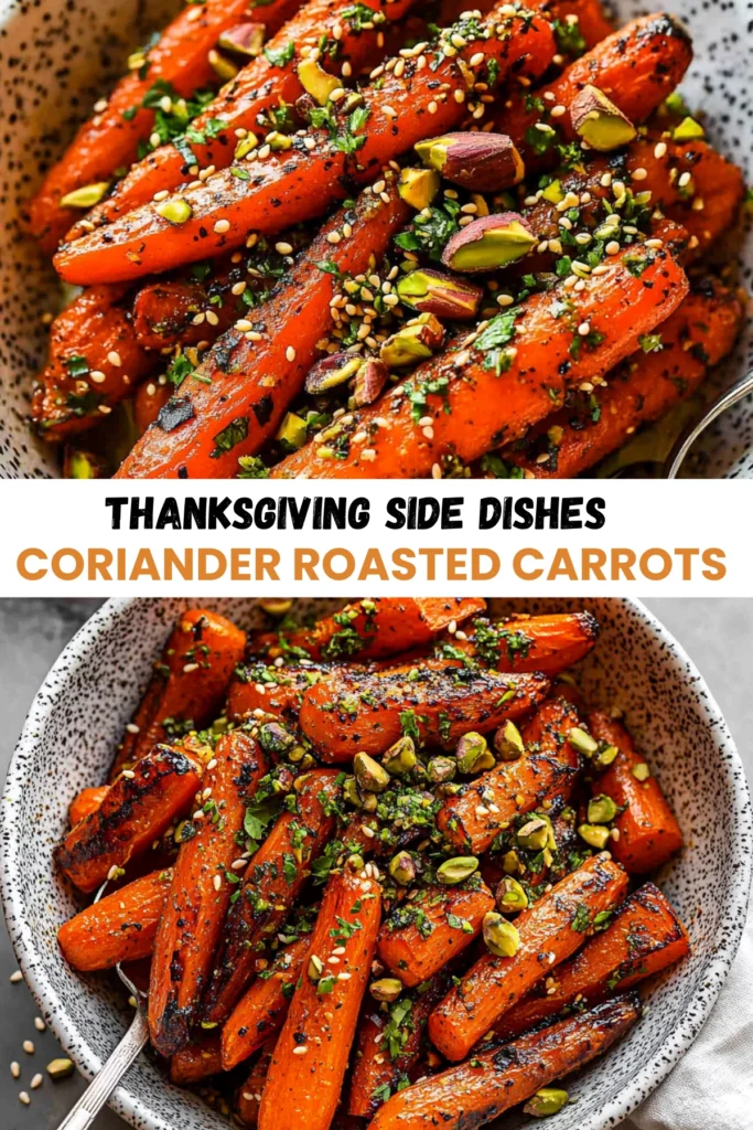 Coriander roasted carrots topped with sesame seeds, pistachios, and fresh herbs in a speckled bowl, close-up shot.
