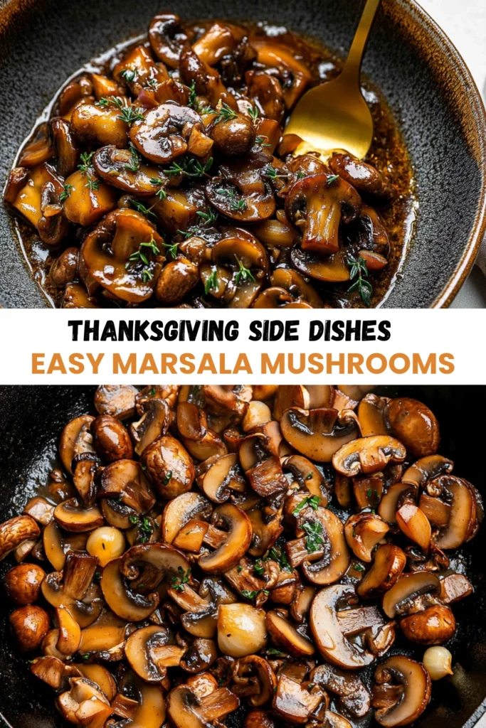 A bowl of easy Marsala mushrooms in a savory sauce with caramelized shallots, thyme, and glossy mushrooms, perfect for a Thanksgiving side dish.