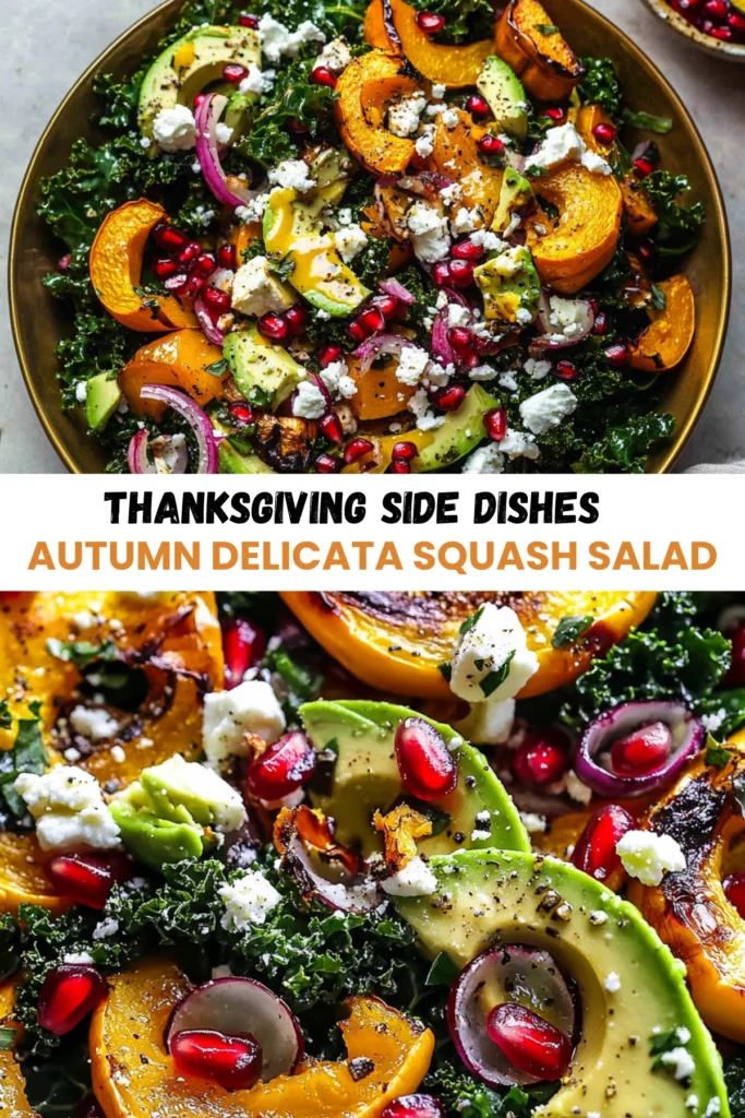 A close-up of a delicious autumn delicata squash salad with roasted squash, avocado, pomegranate seeds, crumbled feta, and red onions, served on kale and drizzled with dressing.