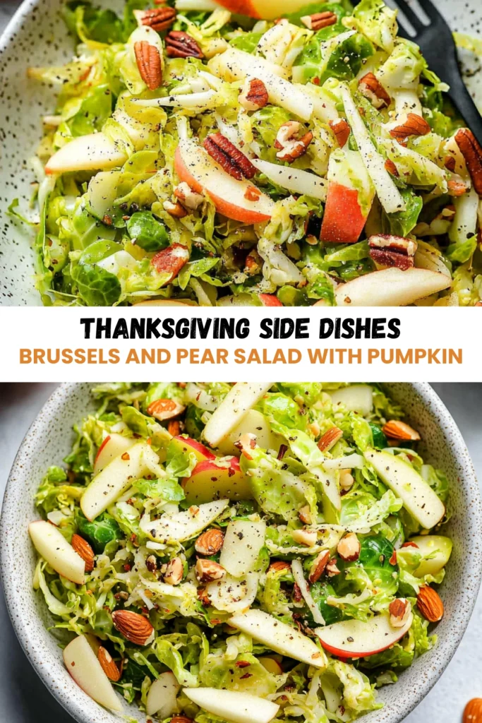 Brussels sprouts and pear salad with pumpkin, almonds, and black pepper in a speckled white bowl, with a fork placed beside.