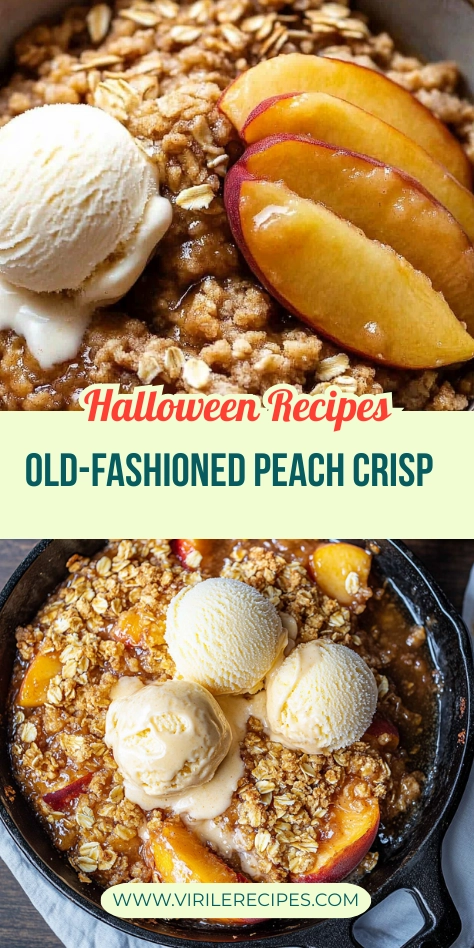 Old-fashioned peach crisp with vanilla ice cream and juicy peach slices, served in a skillet with a Halloween-themed text overlay.