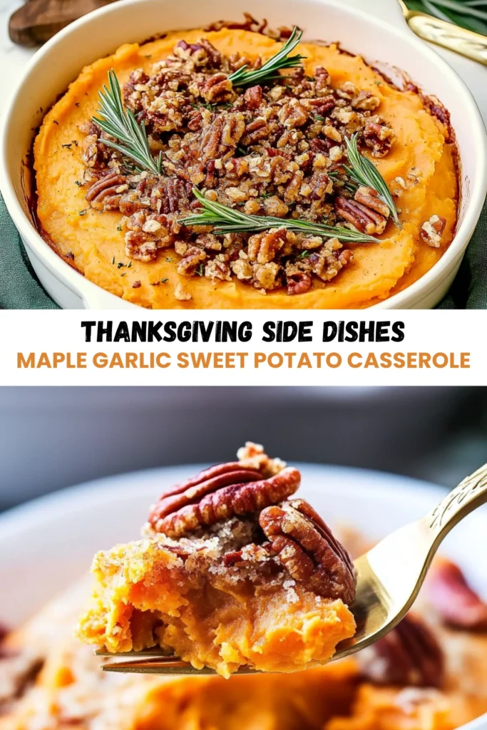 Maple garlic sweet potato casserole with pecan streusel topping and fresh rosemary sprigs, with a fork lifting a bite.