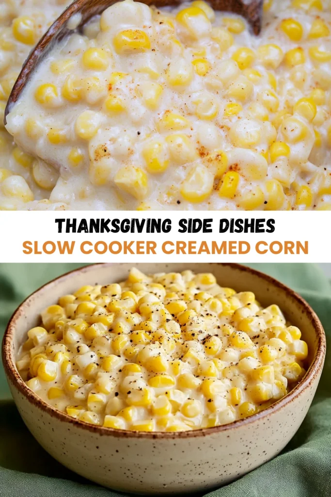 Two images showing slow cooker creamed corn: one with a wooden spoon stirring the creamy mixture, and the other showcasing the dish served in a rustic bowl with black pepper topping.