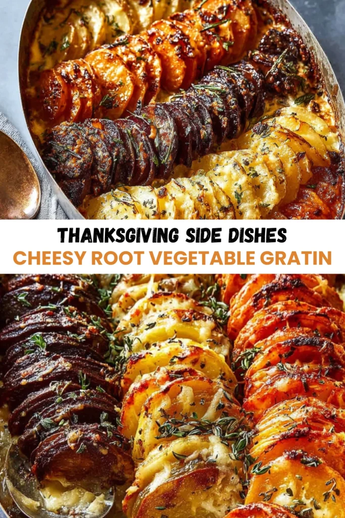 A cheesy root vegetable gratin featuring layers of golden-brown potatoes, turnips, and rutabaga, garnished with fresh thyme and melted cheese.