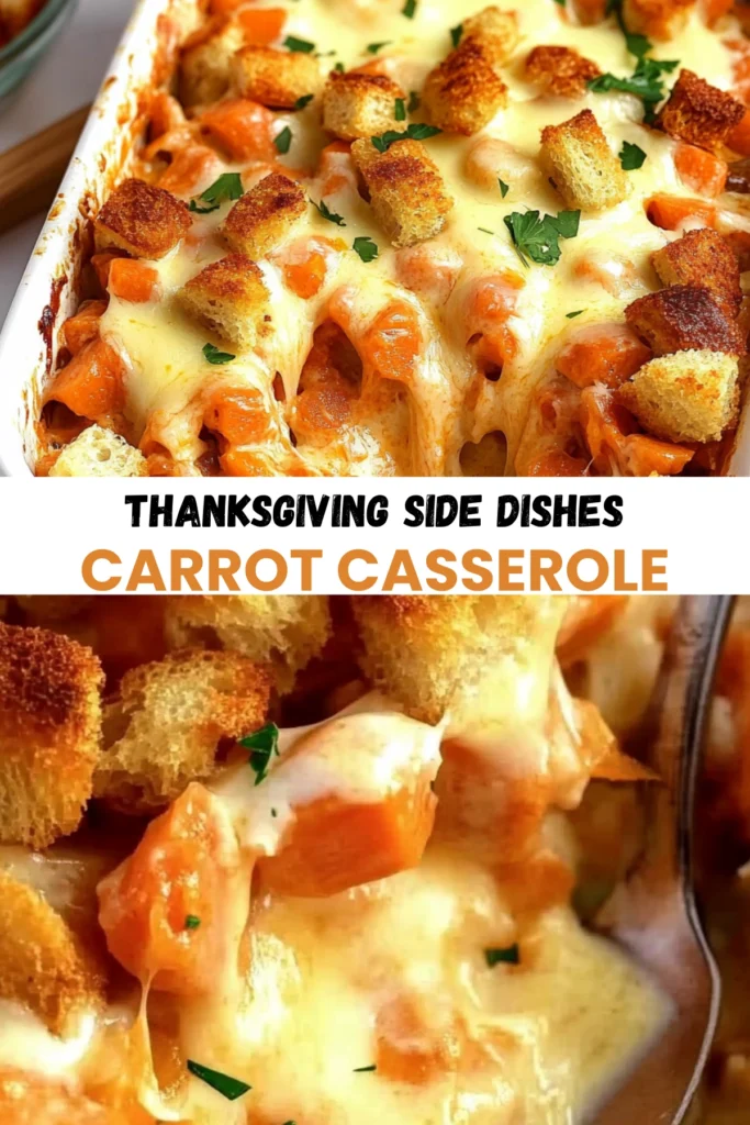 Close-up of a carrot casserole with melted cheese, crispy croutons, and parsley, served in a white dish.