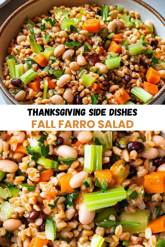 A close-up of a fall farro salad with roasted carrots, celery, white beans, and parsley in a rustic ceramic bowl.