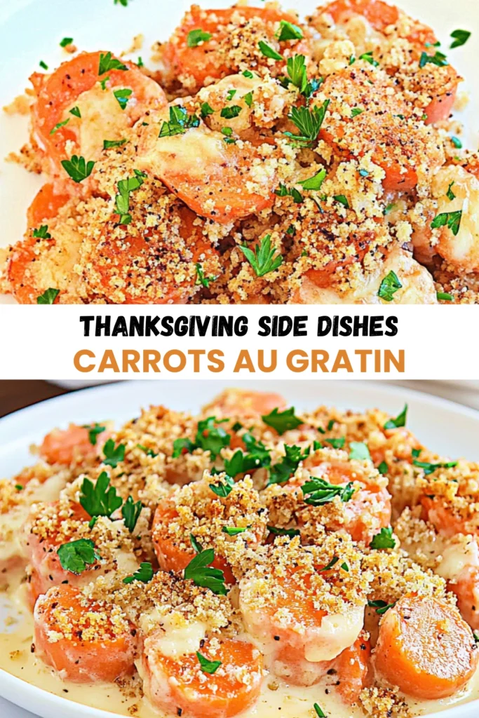 Carrots au gratin with crispy breadcrumbs, creamy cheese sauce, and fresh parsley garnish for a perfect Thanksgiving side dish.