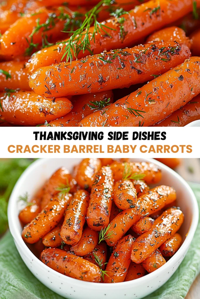 Collage of glazed Cracker Barrel baby carrots in white bowls, topped with fresh dill for a Thanksgiving side dish.