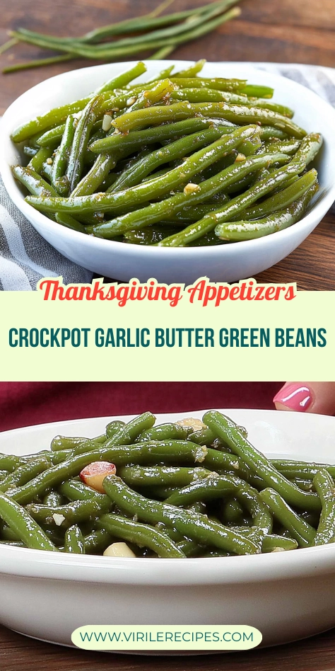 A collage of crockpot garlic butter green beans served in white bowls, with vibrant green beans topped with garlic, presented with a festive Thanksgiving theme.