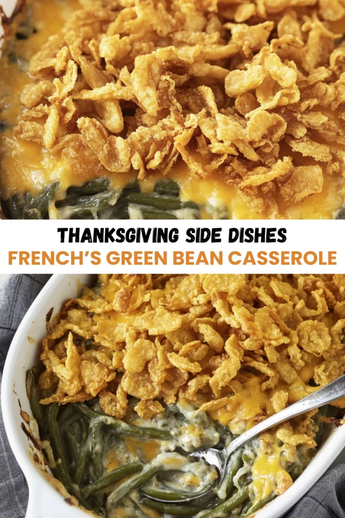 French’s green bean casserole with cheddar cheese and crispy fried onions in a white baking dish.