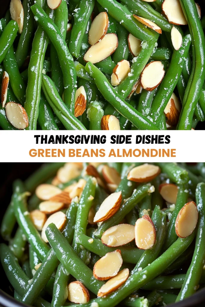 Thanksgiving side dish of green beans almondine with butter, salt, and toasted almonds.
