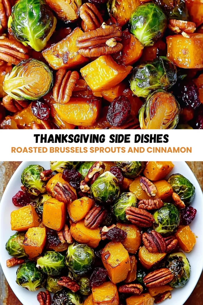 Close-up of roasted Brussels sprouts with butternut squash, pecans, cranberries, and cinnamon on a white plate.