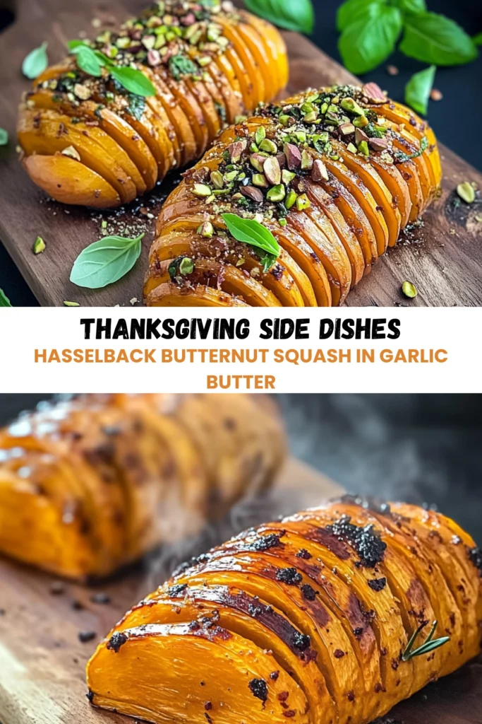 Thanksgiving hasselback butternut squash in garlic butter with pistachios and basil.