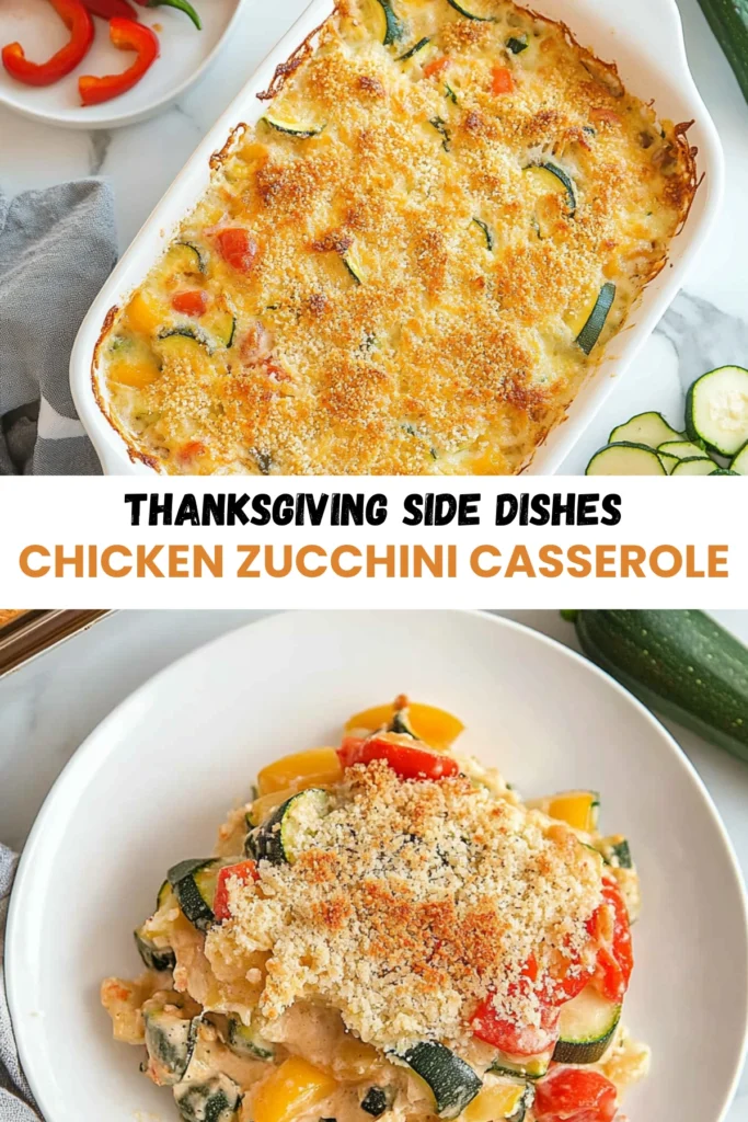 Collage of chicken zucchini casserole with a golden breadcrumb topping served in a white dish and on a plate with fresh vegetables.