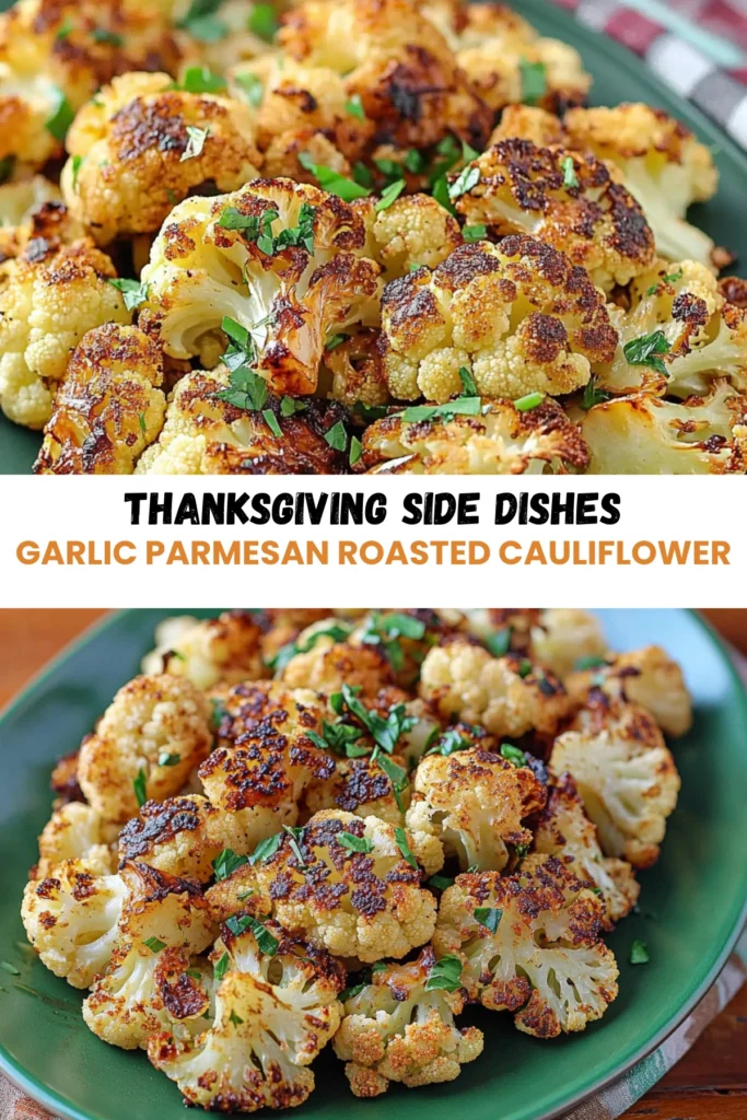 Garlic Parmesan roasted cauliflower with golden-brown crispy florets and fresh parsley, served on a green platter for Thanksgiving.