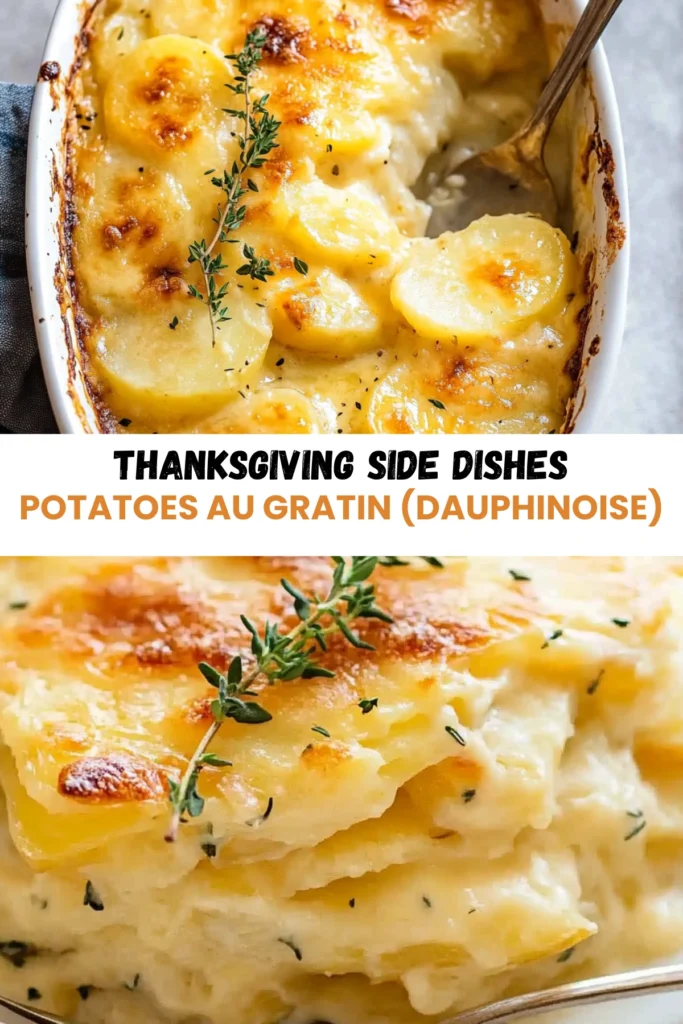Potatoes au gratin dauphinoise with golden cheese crust and creamy potato layers, Thanksgiving side dish