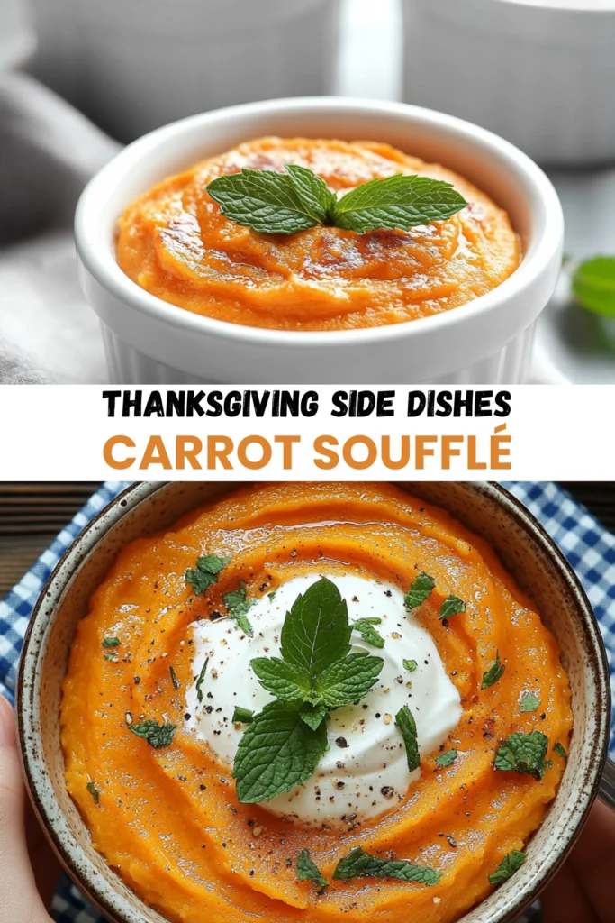 Carrot soufflé served in ramekins and bowls, garnished with sour cream, mint, and black pepper as a Thanksgiving side dish.