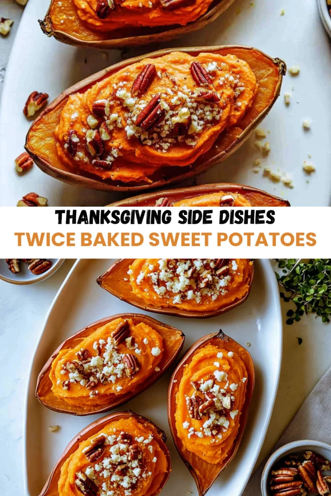 Twice-baked sweet potatoes filled with whipped mash, topped with pecans and cheese, served on a white platter for Thanksgiving.