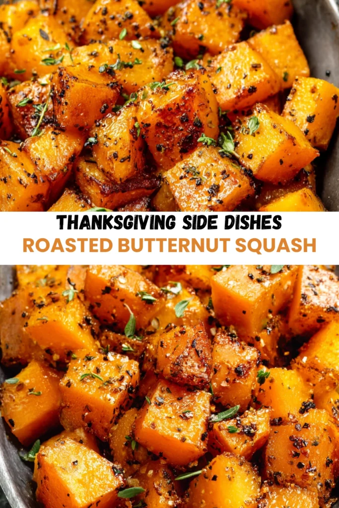 Two-panel collage of roasted butternut squash cubes with caramelized edges and herbs, styled with Thanksgiving recipe text overlay.