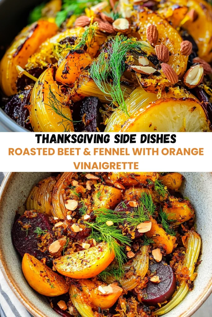 Thanksgiving roasted beet and fennel side dish with orange vinaigrette, almonds, and fresh dill served in rustic bowls.