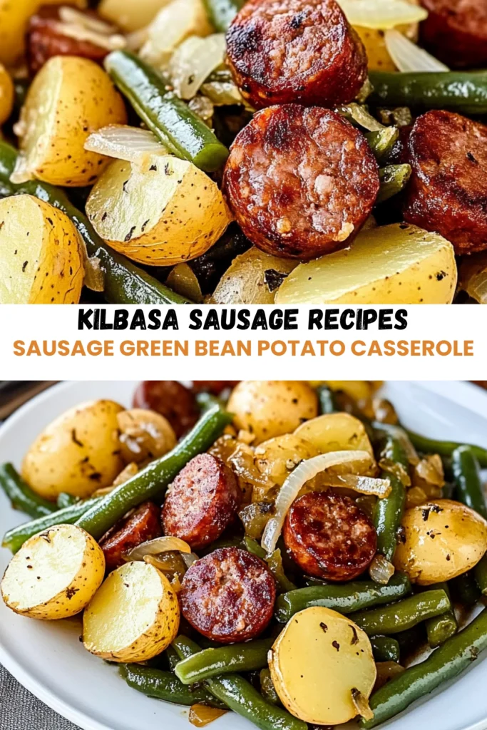 Vertical collage of sausage, green bean, and potato casserole served on white plates with caramelized onions