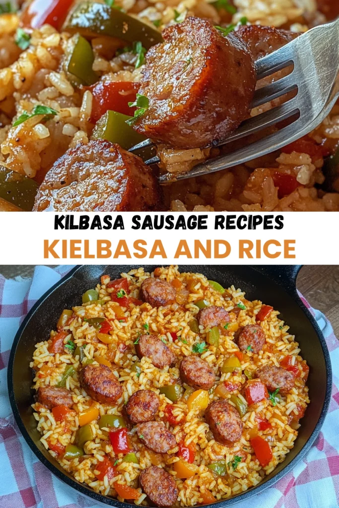 Collage of Kielbasa sausage and rice recipe with close-up forkful and skillet full of sausage and rice.