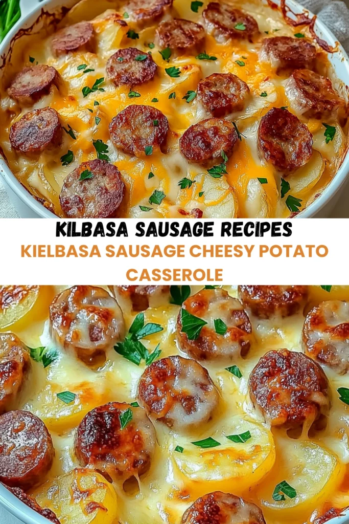 Kielbasa sausage cheesy potato casserole baked with melted cheese and fresh parsley.