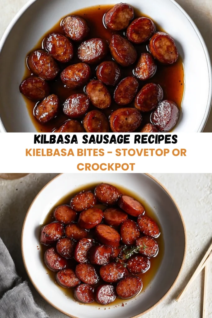 Collage of kielbasa sausage bites in bowls with rich glaze, styled with rustic napkin and cocktail picks.